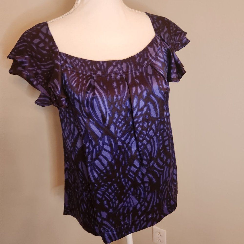 Banana Republic Purple and Black Silk Flutter Sleeve Blouse - Picture 3 of 9